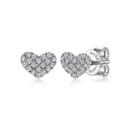 Gabriel & Co 14K White Gold Heart Shaped Pave Diamond Stud Earrings feature dazzling pavé-set diamonds and secure butterfly backings.