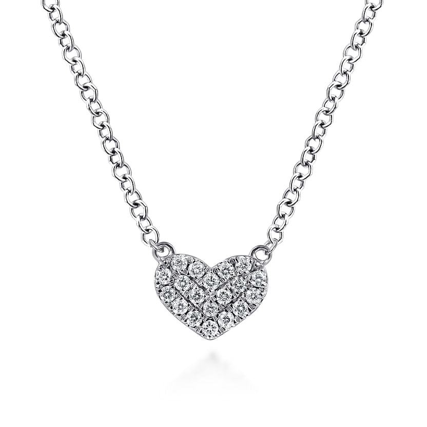 The Gabriel & Co 14K White Gold Pave Diamond Pendant Heart Necklace shines with timeless elegance, featuring a pavé diamond heart-shaped pendant displayed on a white background.