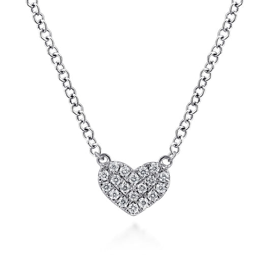 The Gabriel & Co 14K White Gold Pave Diamond Pendant Heart Necklace shines with timeless elegance, featuring a pavé diamond heart-shaped pendant displayed on a white background.