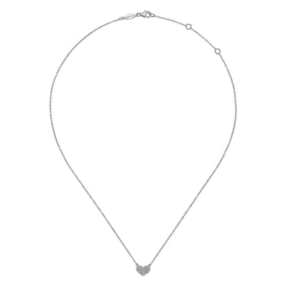 The Gabriel & Co 14K White Gold Pave Diamond Pendant Heart Necklace features a delicate heart-shaped pendant with pavé diamonds, set against a plain white background.