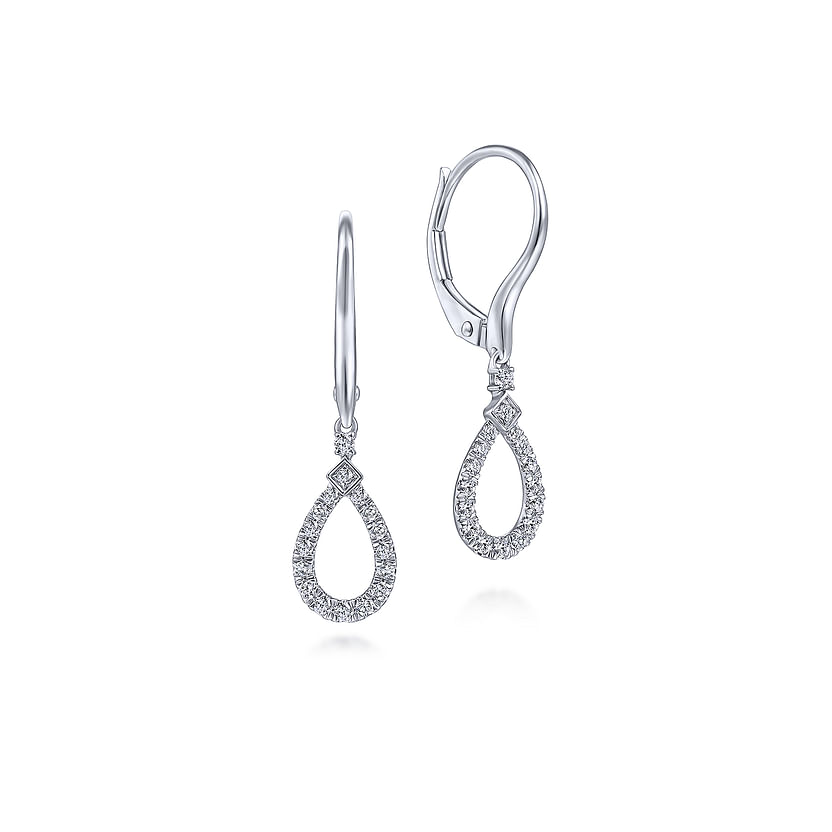 The Gabriel & Co 14K White Gold Pear Shaped Diamond Drop Earrings feature diamond-encrusted hoops and secure lever-back closures, shown on a white background.