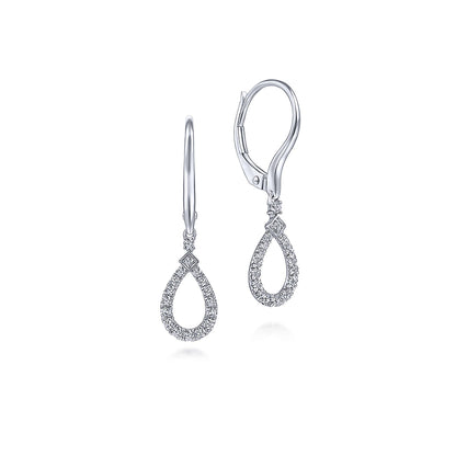 The Gabriel & Co 14K White Gold Pear Shaped Diamond Drop Earrings feature diamond-encrusted hoops and secure lever-back closures, shown on a white background.