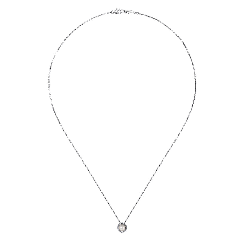 The Gabriel & Co 14K White Gold Pearl and Diamond Halo Pendant Necklace features a round pearl at the center, accented by a sparkling diamond halo, shown on a white background.