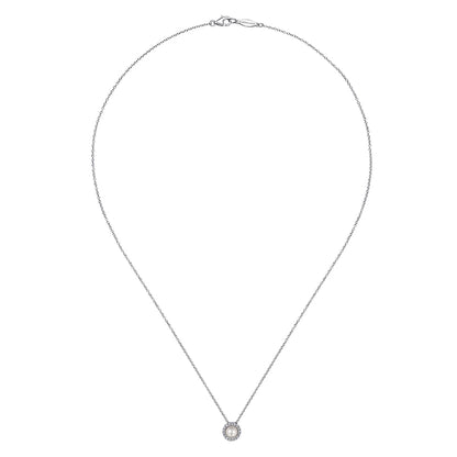 The Gabriel & Co 14K White Gold Pearl and Diamond Halo Pendant Necklace features a round pearl at the center, accented by a sparkling diamond halo, shown on a white background.