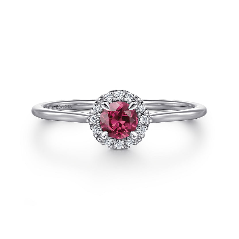 The Gabriel & Co 14K White Gold Pink Tourmaline and Diamond Halo Promise Ring showcases a round pink tourmaline center with a diamond halo, displayed on a white background.