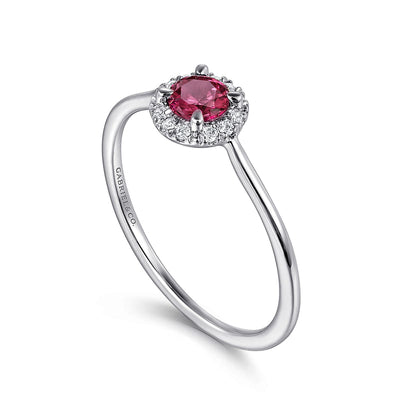 The Gabriel & Co 14K White Gold Pink Tourmaline and Diamond Halo Promise Ring features a round pink tourmaline center with a sparkling diamond halo, shown against a plain white background.