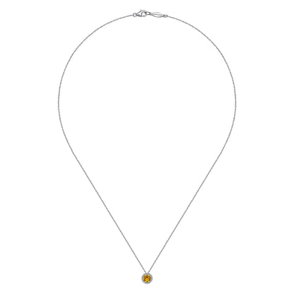 The Gabriel & Co 14K White Gold Round Citrine and Diamond Halo Pendant Necklace is showcased on a white background, highlighting its elegant citrine gemstone framed by sparkling diamonds.