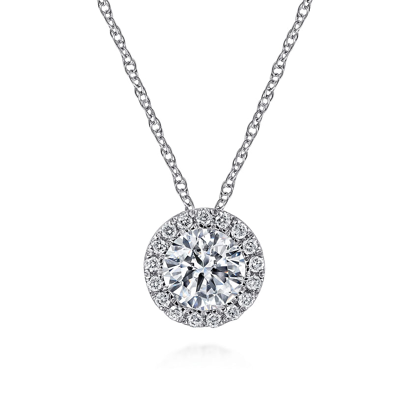 The Gabriel & Co 14K White Gold Necklace features a sparkling white sapphire center, encircled by a halo of diamonds in a stunning circular pendant for timeless elegance.