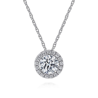The Gabriel & Co 14K White Gold Necklace features a sparkling white sapphire center, encircled by a halo of diamonds in a stunning circular pendant for timeless elegance.