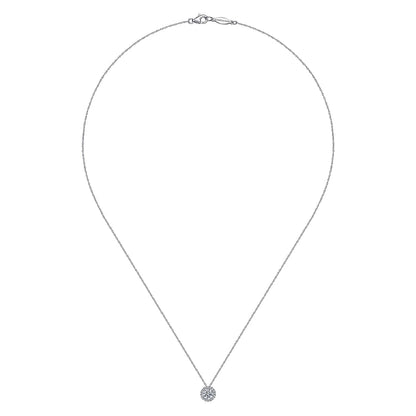 The Gabriel & Co 14K White Gold White Sapphire and Diamond Halo Necklace features a thin chain with a sparkling round pendant, showcased against a white background.