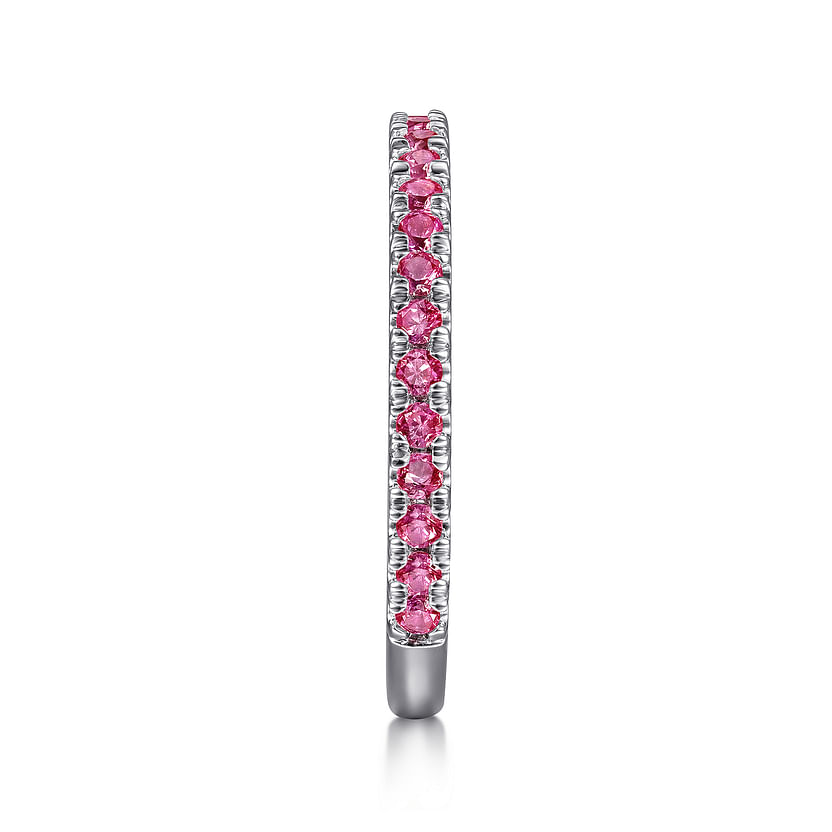 The Gabriel & Co 14K White Gold Ruby Stackable Ring features a row of small, round pink gemstones set along the top, shown upright on a white background.