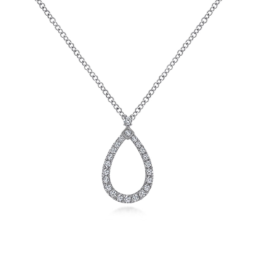 The Gabriel & Co 14K White Gold Teardrop Diamond Pendant Necklace features a sparkling diamond-encrusted teardrop pendant on a fine chain, shown against a white background.