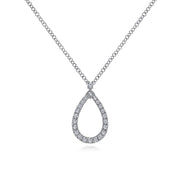 The Gabriel & Co 14K White Gold Teardrop Diamond Pendant Necklace features a sparkling diamond-encrusted teardrop pendant on a fine chain, shown against a white background.