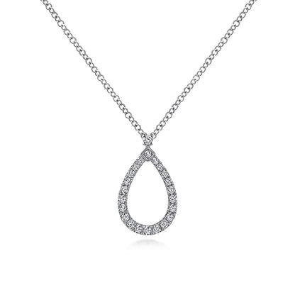The Gabriel & Co 14K White Gold Teardrop Diamond Pendant Necklace features a sparkling diamond-encrusted teardrop pendant on a fine chain, shown against a white background.