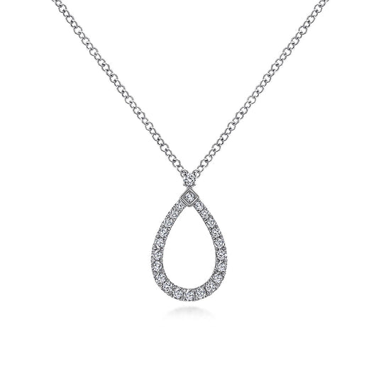 The Gabriel & Co 14K White Gold Teardrop Diamond Pendant Necklace features a sparkling diamond-encrusted teardrop pendant on a fine chain, shown against a white background.