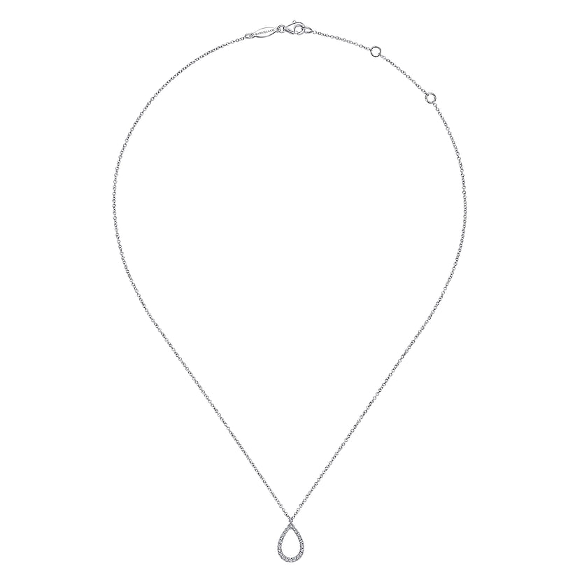 The Gabriel & Co 14K White Gold Teardrop Diamond Pendant Necklace features a delicate teardrop design with sparkling diamonds, shown on a plain white background.