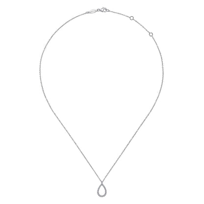 The Gabriel & Co 14K White Gold Teardrop Diamond Pendant Necklace features a delicate teardrop design with sparkling diamonds, shown on a plain white background.