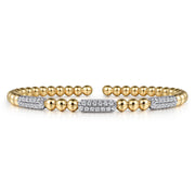 The Gabriel & Co 14K White and Yellow Gold Diamond Pave Three Station Bar Bracelet features rectangular diamond-encrusted bars, beautifully displayed on a white background.