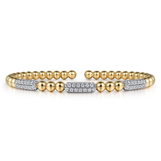 The Gabriel & Co 14K White and Yellow Gold Diamond Pave Three Station Bar Bracelet features rectangular diamond-encrusted bars, beautifully displayed on a white background.