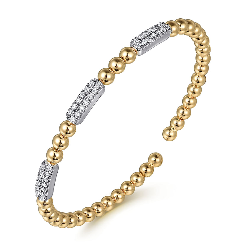 The Gabriel & Co 14K white and yellow gold Diamond Pave Three Station Bar Bracelet features three rectangular bars adorned with sparkling diamonds, creating an elegant open cuff design.