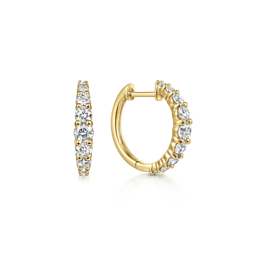 The Gabriel & Co 14K Yellow Gold 15mm Classic Diamond Huggies, shown from the side and front on a white background, feature round sparkling diamonds for timeless elegance.