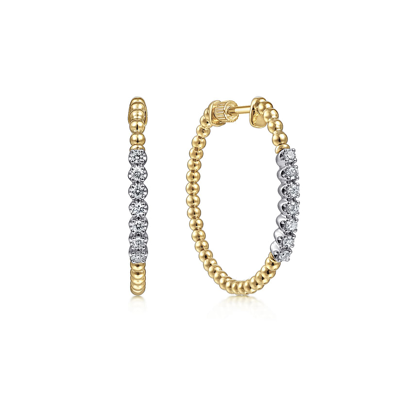 Gabriel & Co's 14K Yellow Gold 30mm Bujukan Diamond Classic Hoop Earrings feature a beaded design with a row of sparkling diamonds along the front, displayed against a plain white background.