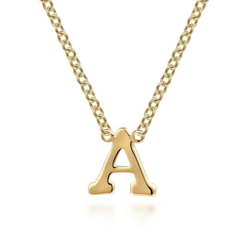 The Gabriel & Co 14K Yellow Gold A Initial Necklace features a sleek chain with a bold, polished "A" pendant, shown against a white background.