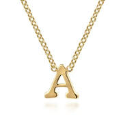 The Gabriel & Co 14K Yellow Gold A Initial Necklace features a sleek chain with a bold, polished "A" pendant, shown against a white background.