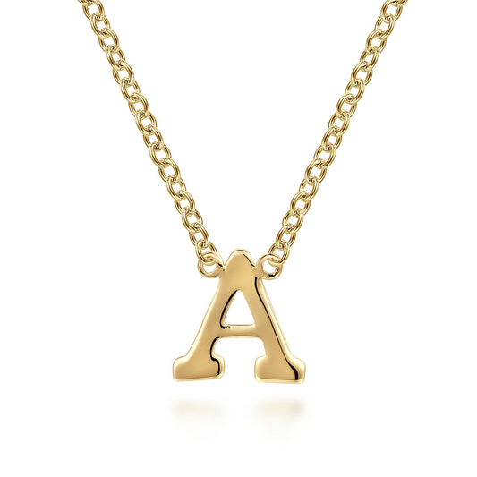 The Gabriel & Co 14K Yellow Gold A Initial Necklace features a sleek chain with a bold, polished "A" pendant, shown against a white background.