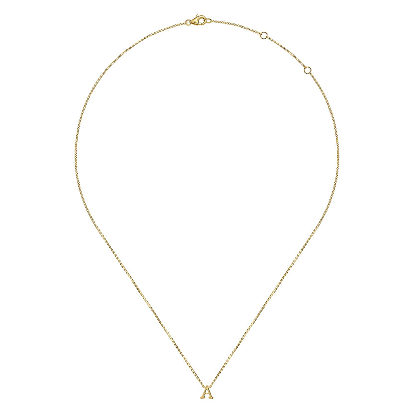 The Gabriel & Co 14K Yellow Gold A Initial Necklace features a small gold "A" pendant and an adjustable clasp with extra rings for multiple lengths.