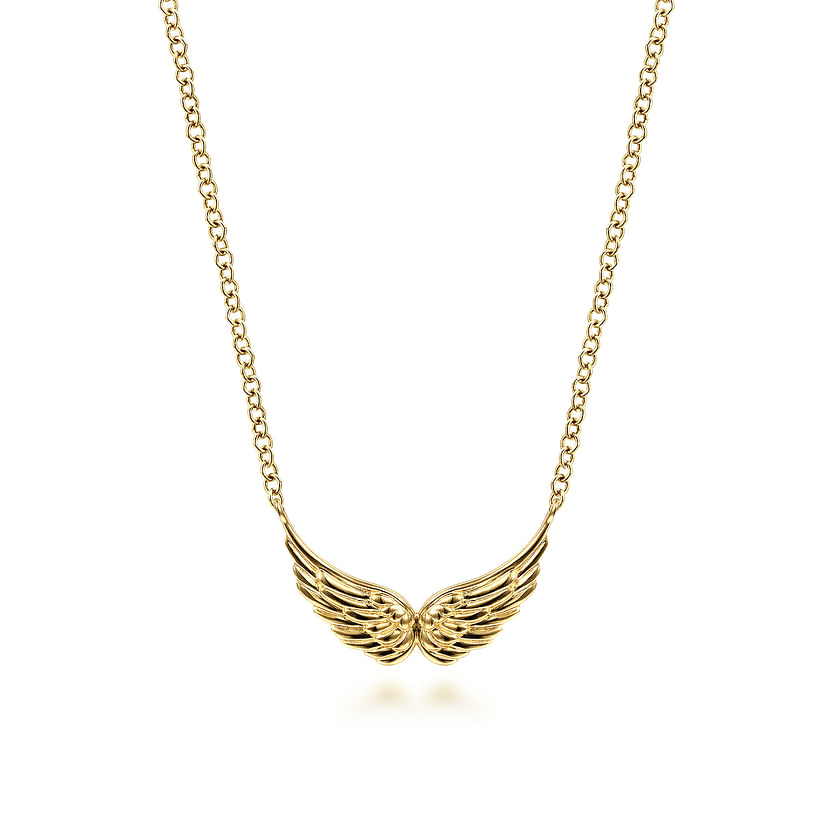 The Gabriel & Co 14K Yellow Gold Angel Wings Necklace features a finely detailed feather pendant suspended from a delicate gold chain, offering an elegant look.