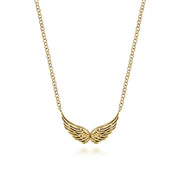 The Gabriel & Co 14K Yellow Gold Angel Wings Necklace features a finely detailed feather pendant suspended from a delicate gold chain, offering an elegant look.