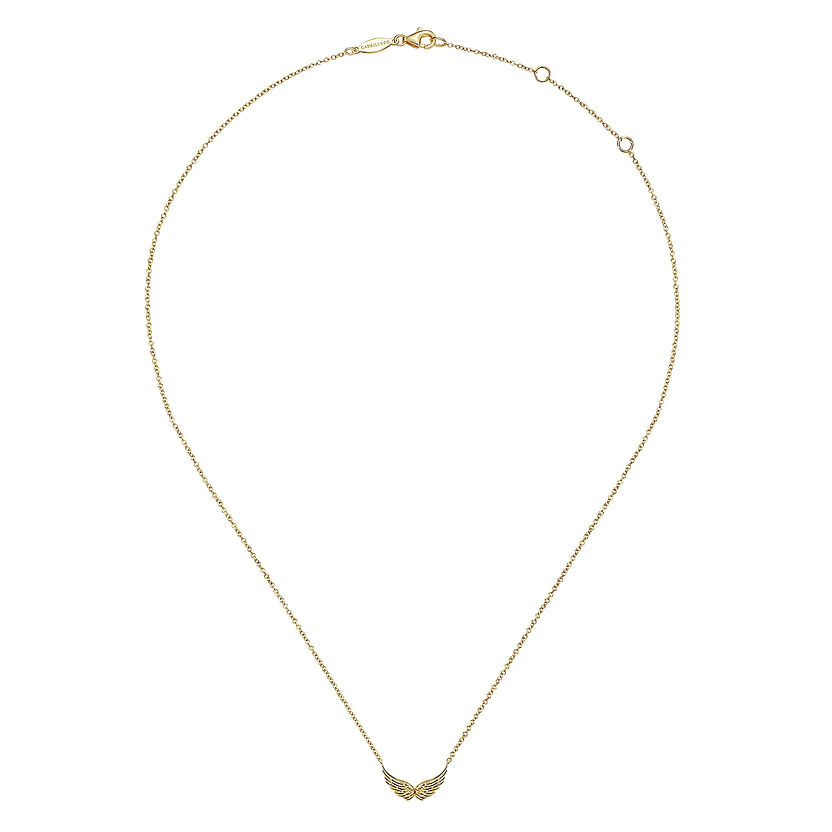 The 14K Yellow Gold Angel Wings Necklace by Gabriel & Co features a delicate chain with a small angel wings pendant, displayed on a white background.