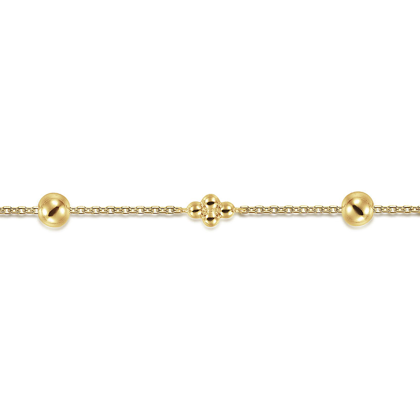 The Gabriel & Co 14K Yellow Gold Bujukan Beads Station Bracelet features evenly spaced beads, including a central cluster of three, and is displayed on a plain white background.