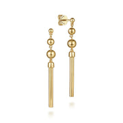 The Gabriel & Co 14K Yellow Gold Bujukan Drop Earrings showcase polished gold spheres and beaded accents stacked above sleek bars for a modern, elegant linear look.