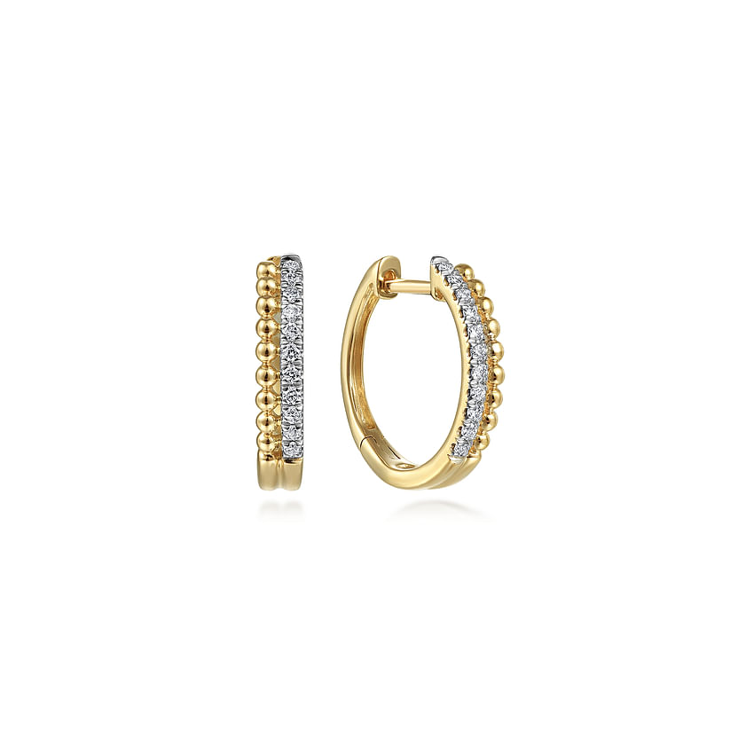Gabriel & Co 14K Yellow Gold Bujukan Pave 10mm Diamond Huggie Earrings feature a row of small gold beads on one edge and sparkling white stones on the other, displayed against a white background.