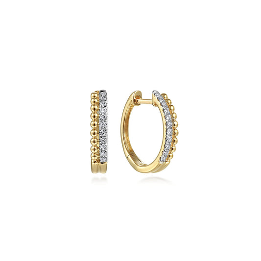 Gabriel & Co 14K Yellow Gold Bujukan Pave 10mm Diamond Huggie Earrings feature a row of small gold beads on one edge and sparkling white stones on the other, displayed against a white background.