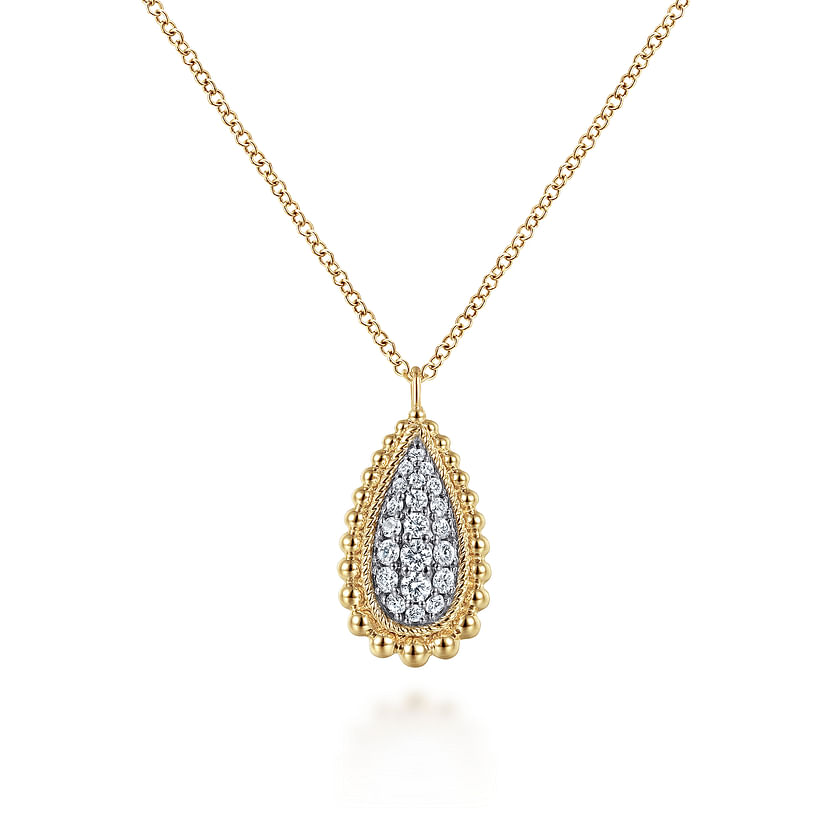 The Gabriel & Co 14K Yellow Gold Bujukan Pave Diamond Teardrop Pendant Necklace features a teardrop-shaped pendant bordered by gold beads and sparkling pavé diamonds.