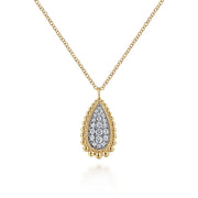 The Gabriel & Co 14K Yellow Gold Bujukan Pave Diamond Teardrop Pendant Necklace features a teardrop-shaped pendant bordered by gold beads and sparkling pavé diamonds.