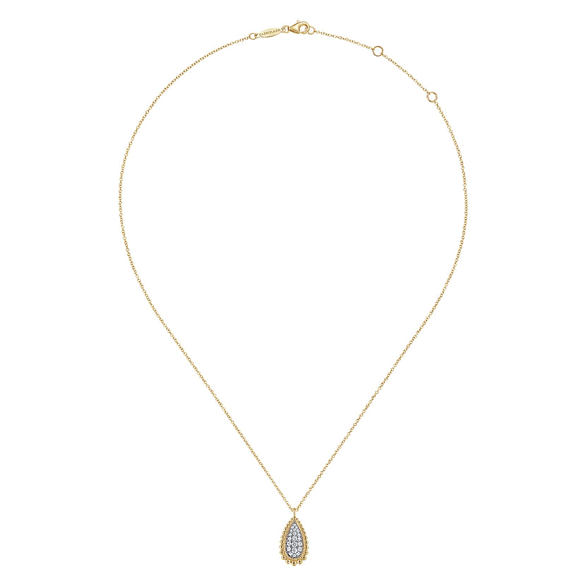 The Gabriel & Co 14K Yellow Gold Bujukan Pave Diamond Teardrop Pendant Necklace features a refined chain and a central teardrop pendant encrusted with sparkling pave diamonds for an elegant look.