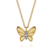 The Gabriel & Co 14K Yellow Gold Butterfly Necklace features a diamond-cut finish and graduating natural diamonds, elegantly set in a butterfly-shaped pendant.