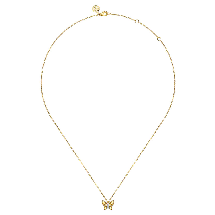 Gabriel & Co 14K Yellow Gold Butterfly Necklace features a diamond cut finish, graduating diamonds, and an adjustable chain—perfect for adding sparkle and charm to any outfit.