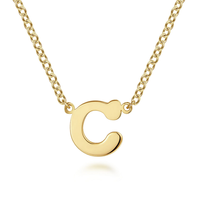 The Gabriel & Co 14K Yellow Gold C Initial Necklace features a bold, smooth "C" pendant from the Contemporary Collection, shown on a white background.