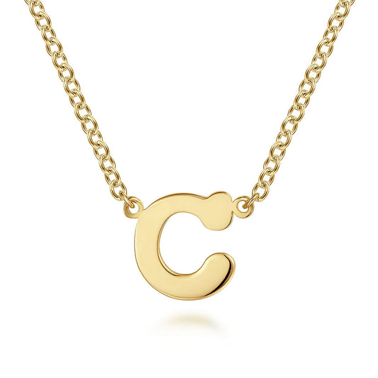 The Gabriel & Co 14K Yellow Gold C Initial Necklace features a bold, smooth "C" pendant from the Contemporary Collection, shown on a white background.