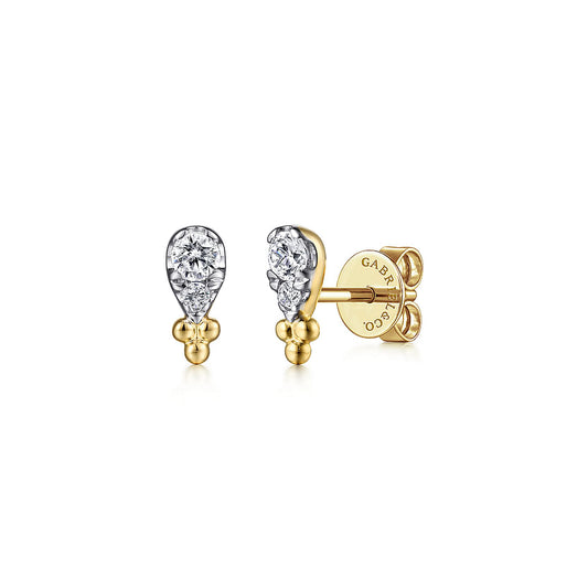 The Gabriel & Co 14K Yellow Gold Diamond Bujukan Stud Earrings feature teardrop-shaped diamond clusters and delicate beading, shown from the front and side on a white background.