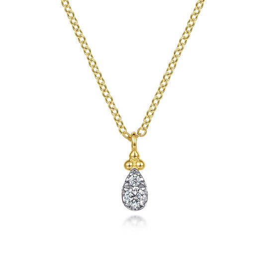 The Gabriel & Co 14K Yellow Gold Diamond Bujukan Teardrop Pendant Necklace features a teardrop-shaped diamond set in yellow gold with detailed accents near the pendant’s clasp.