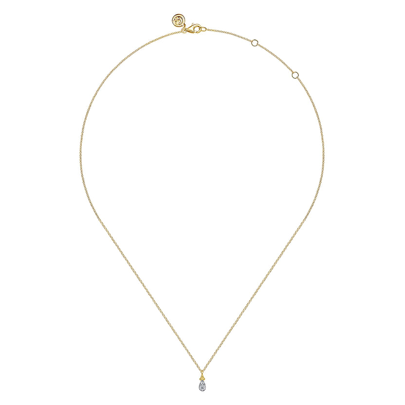 The Gabriel & Co 14K Yellow Gold Diamond Bujukan Teardrop Pendant Necklace features a delicate chain, teardrop diamond pendant, and adjustable clasp, shown on a white background as part of the elegant Bujukan Collection.