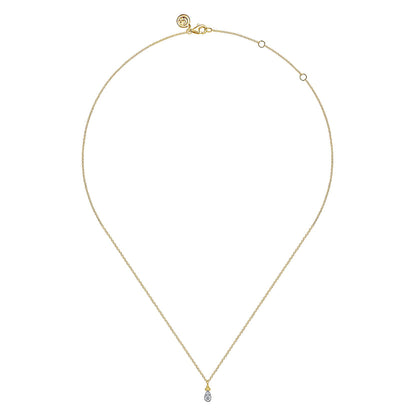 The Gabriel & Co 14K Yellow Gold Diamond Bujukan Teardrop Pendant Necklace features a delicate chain, teardrop diamond pendant, and adjustable clasp, shown on a white background as part of the elegant Bujukan Collection.