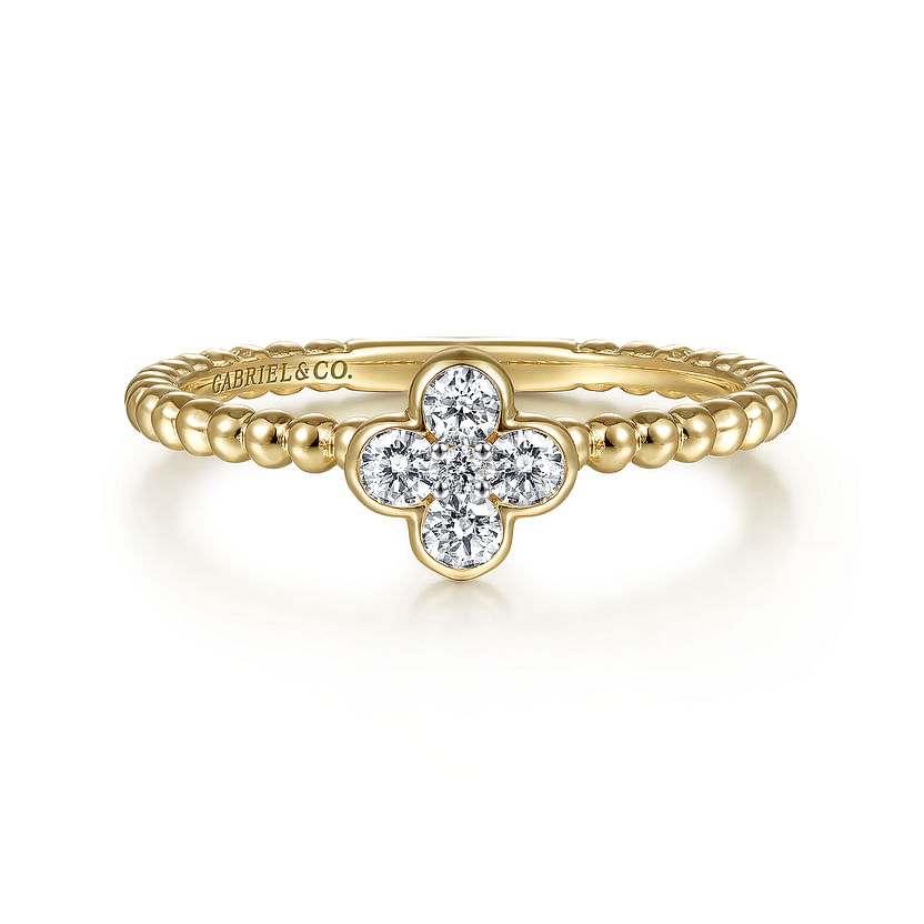 The 14K Yellow Gold Diamond Cluster Clover and Bujukan Bead Ring by Gabriel & Co features a sparkling clover center and elegant bead detailing, with the brand’s name engraved inside the band.