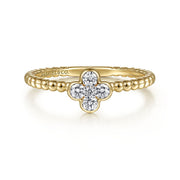 The 14K Yellow Gold Diamond Cluster Clover and Bujukan Bead Ring by Gabriel & Co features a sparkling clover center and elegant bead detailing, with the brand’s name engraved inside the band.